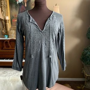 Lucky Brand Boho Embroidered Grey Blouse